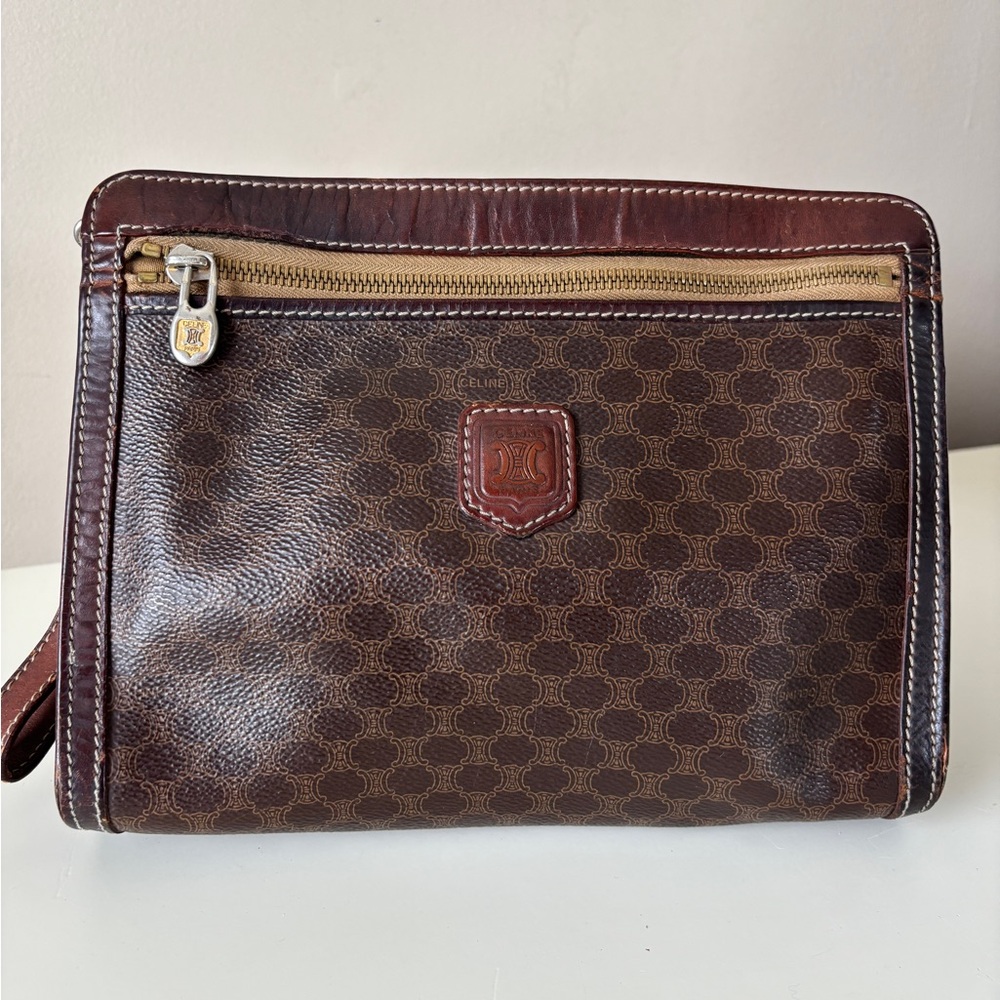 Celine Brown Monogram Leather Wristlet Clutch